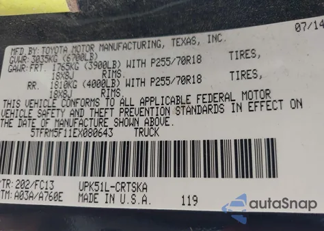 2014 Toyota Tundra Sr5 4.6L V8 из США, поврежденный, VIN 5TFRM5F11EX080643